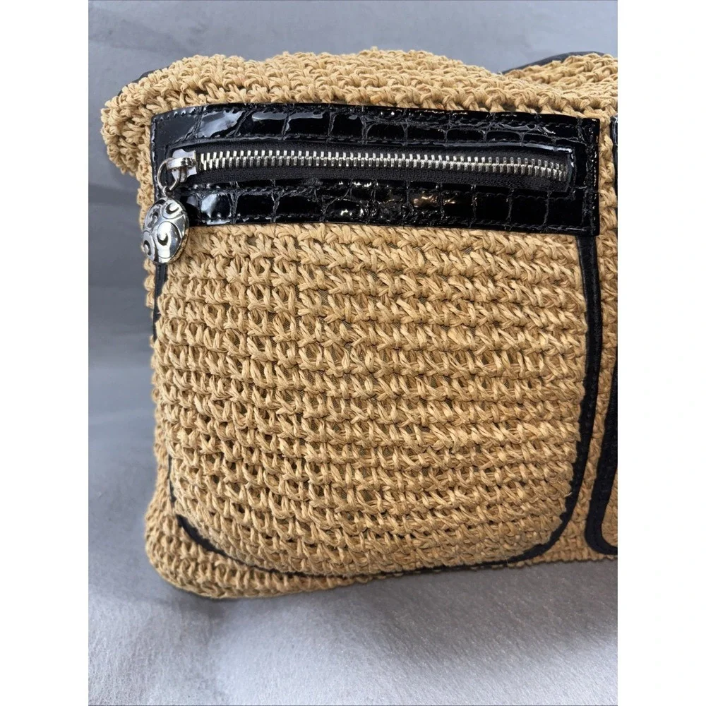 Brighton‎ Large Woven Straw Hobo Crossbody Zip Leather Trim Front Pockets EUC